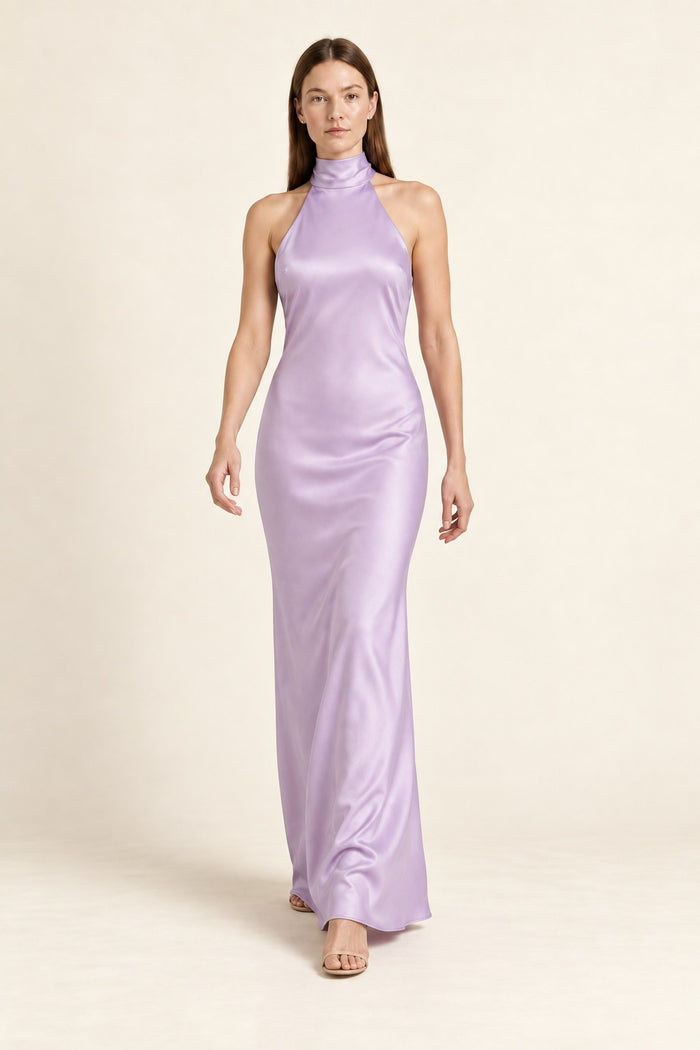 Kovelle tie-back satin halter maxi dress in lilac, front view on model
