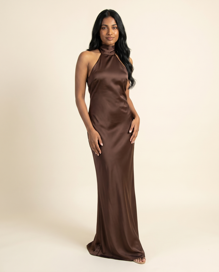 Kovelle chocolate scarf halter maxi three quarter view, on model