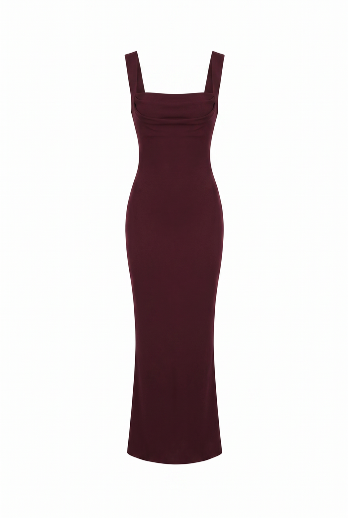 Burgundy square neck bodycon maxi dress, product view