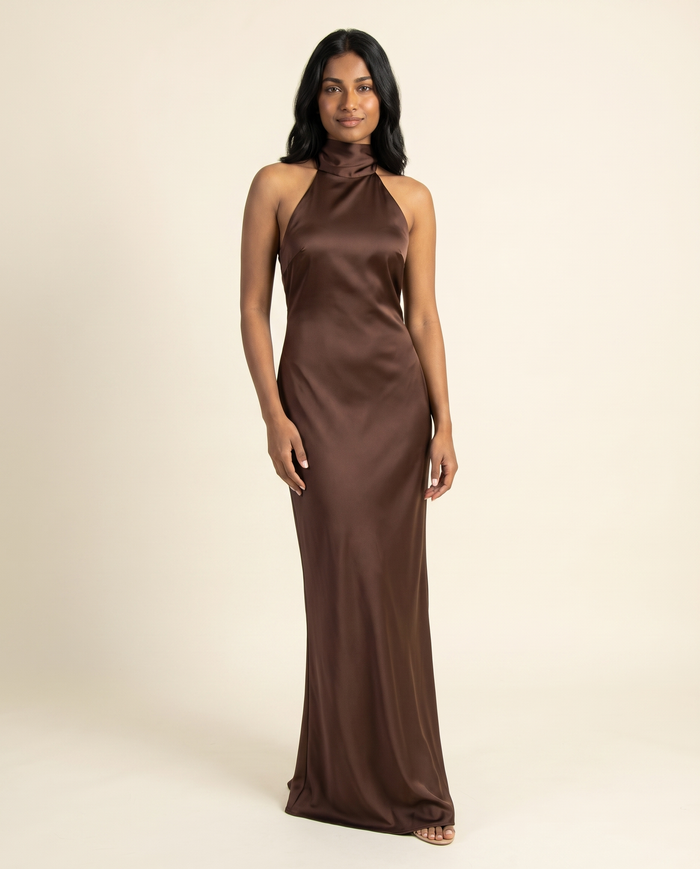 Kovelle chocolate satin halter maxi, front studio view on model
