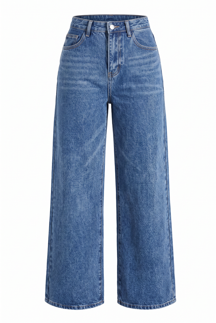 Kovelle high waist wide leg jeans in mid blue, flat product view showing the full garment