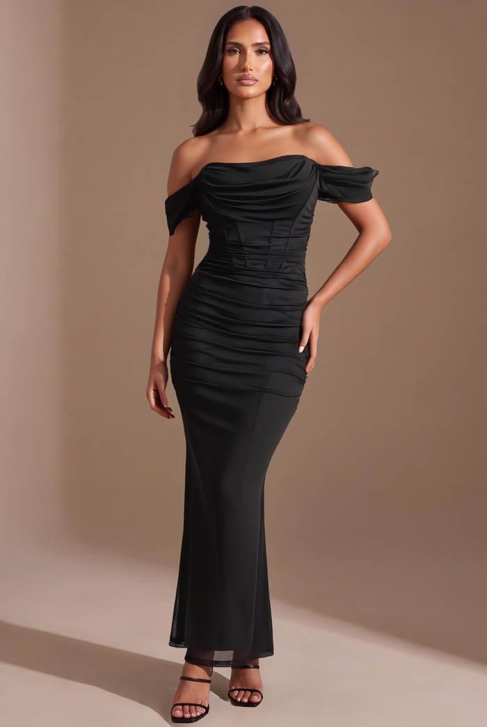 Kovelle off-shoulder corset maxi dress in black, front view on model