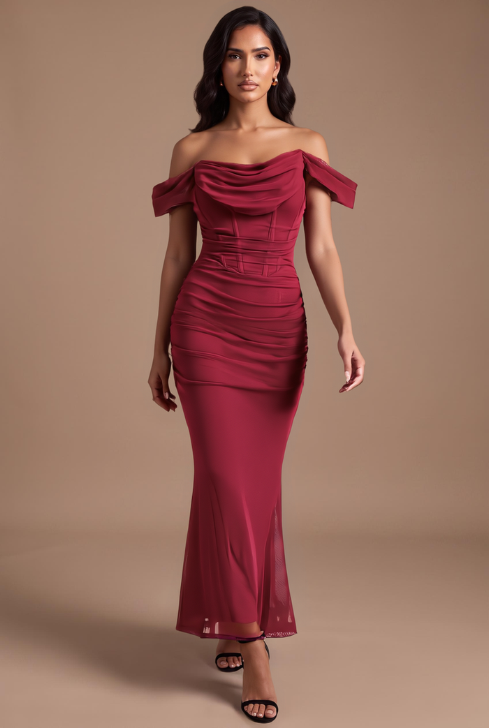 Kovelle off-shoulder corset maxi dress in burgundy, walking, full length on model