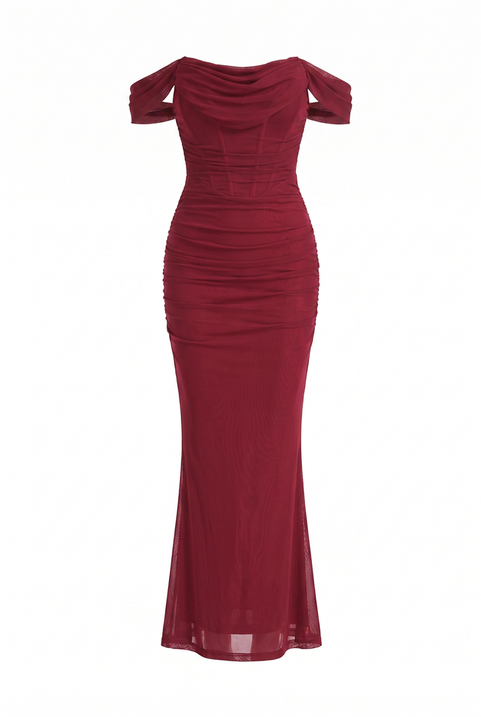 Kovelle off-shoulder corset maxi dress in burgundy, flat product view showing the full garment