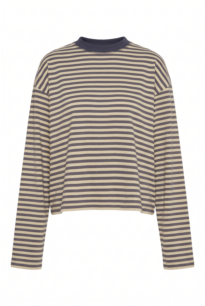 Kovelle oversized striped long sleeve tee in khaki stripe, flat product view showing the full garment