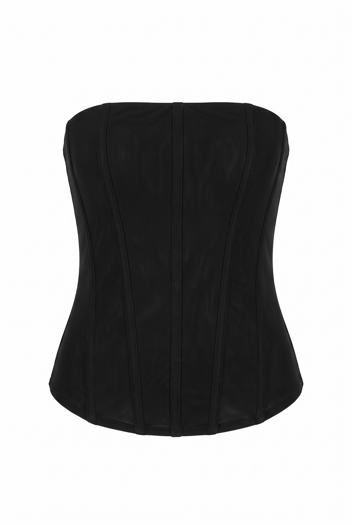 Kovelle strapless mesh bustier in black, flat product view showing the full garment