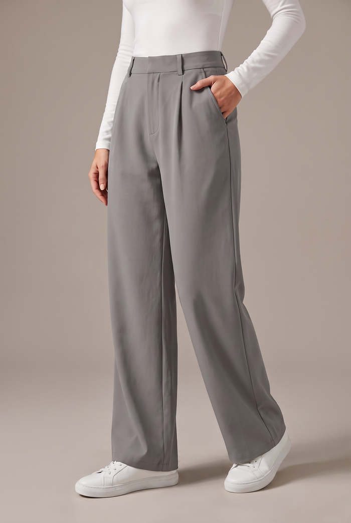 Kovelle stretch tailored work trousers in grey, close-up detail on model