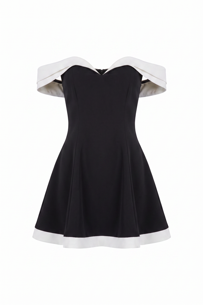 The Kovelle Off Shoulder Contrast Flare Mini Dress photographed on its own against a white background, showing the white off shoulder band and hem trim