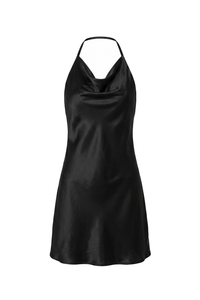 The Kovelle First-Date Satin Halter Mini Dress photographed on its own against a white background