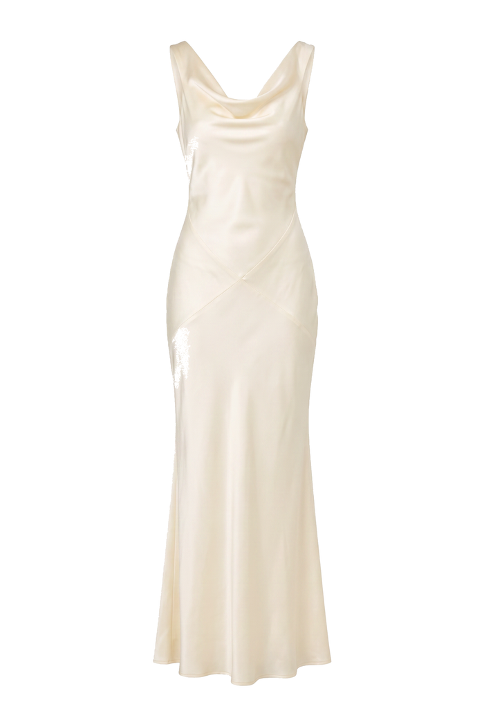 Ivory Cowl Draped Satin Maxi Dress, product shot on white