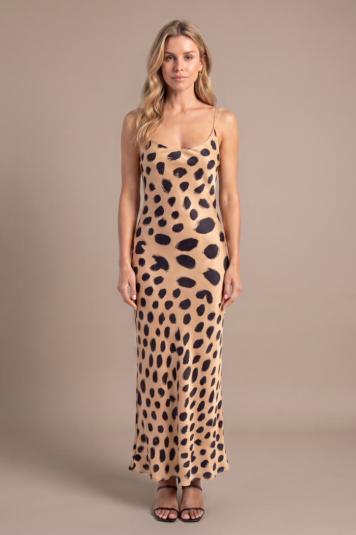 Painted dot satin slip maxi dress, studio front view