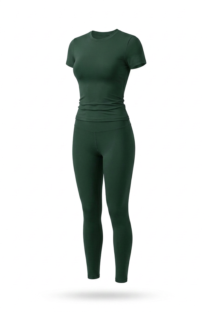 Kovelle round neck legging set in dark green, flat product view
