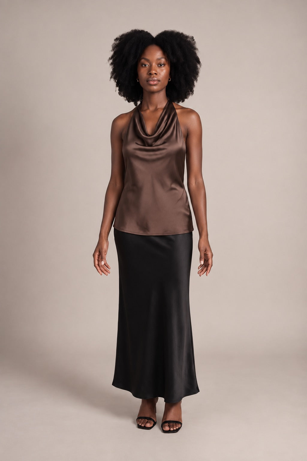 Kovelle satin cowl halter co-ord top in mocha, front view on model