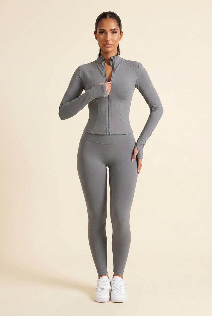 Kovelle zip through gym jacket in grey, on model