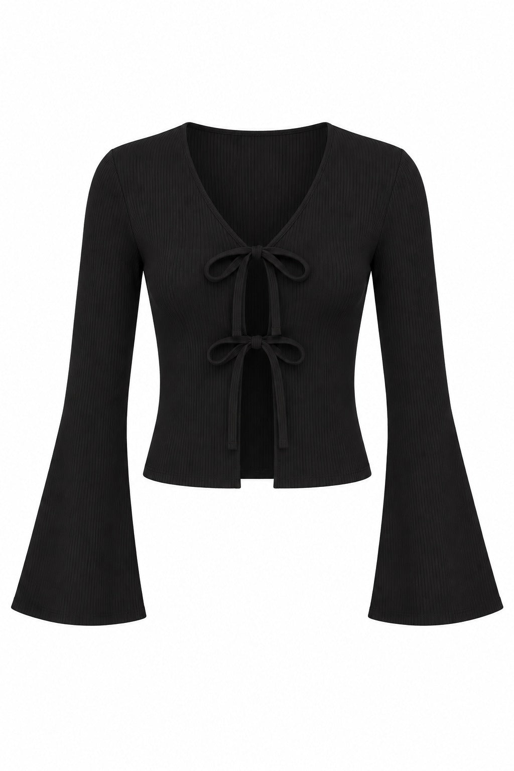 Kovelle tie front knit top in black, flat product view