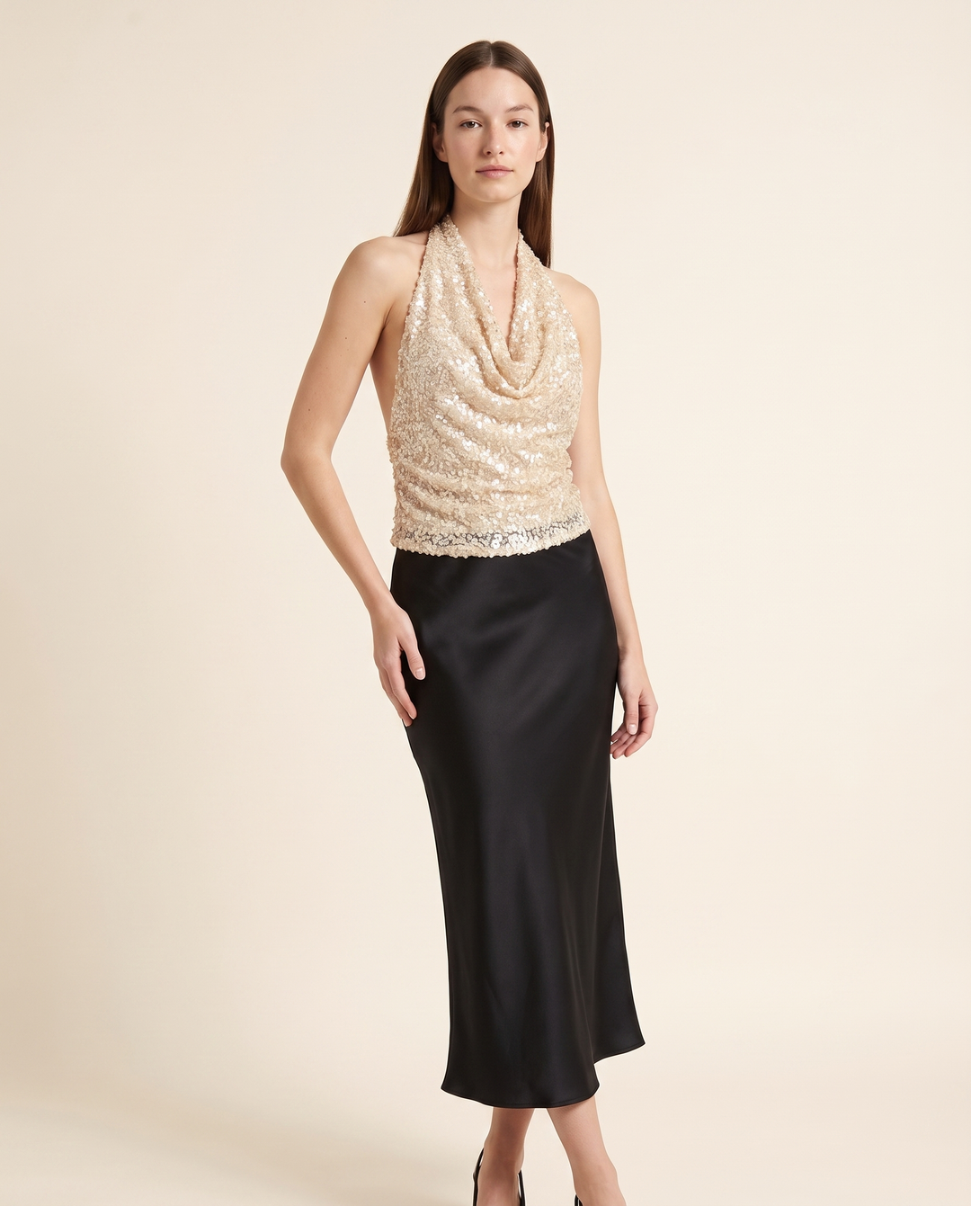 Kovelle sequin cowl halter top three quarter view, on model