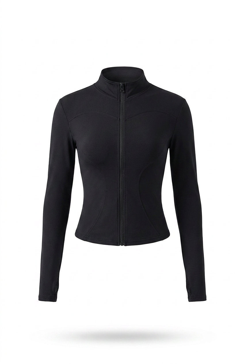 Kovelle zip through gym jacket in black, flat product view