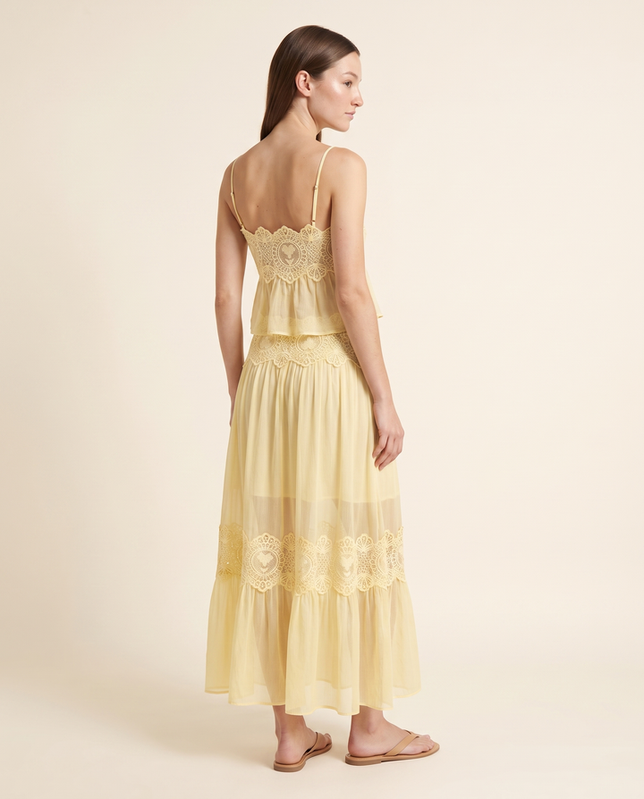 Kovelle yellow lace set back view, on model