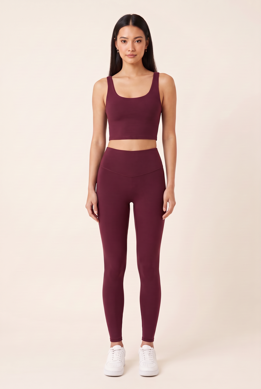 Kovelle high waist sculpt legging in burgundy, front view on model