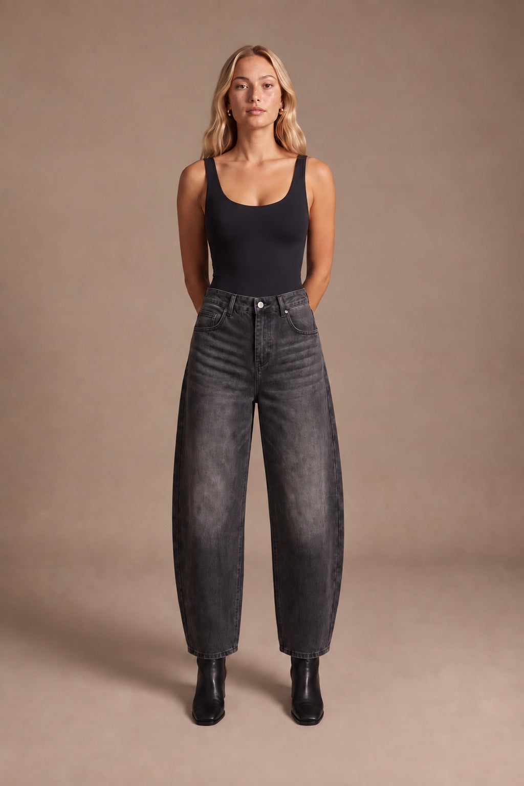 Kovelle barrel leg jeans in washed black, front view on model