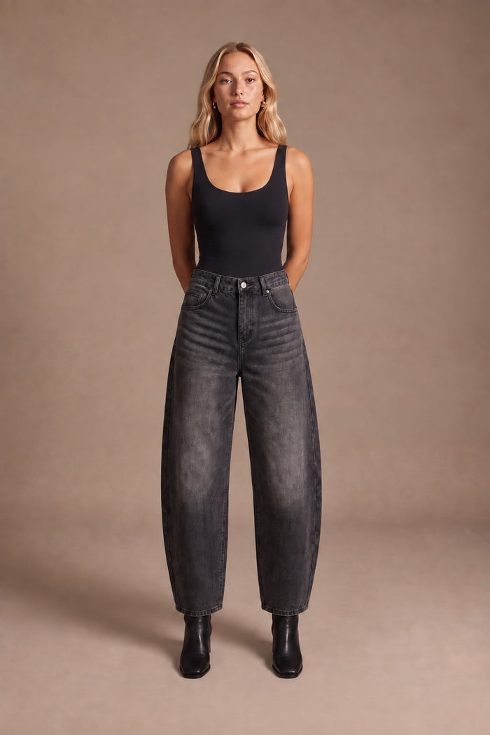 Kovelle barrel leg jeans in washed black, front view on model