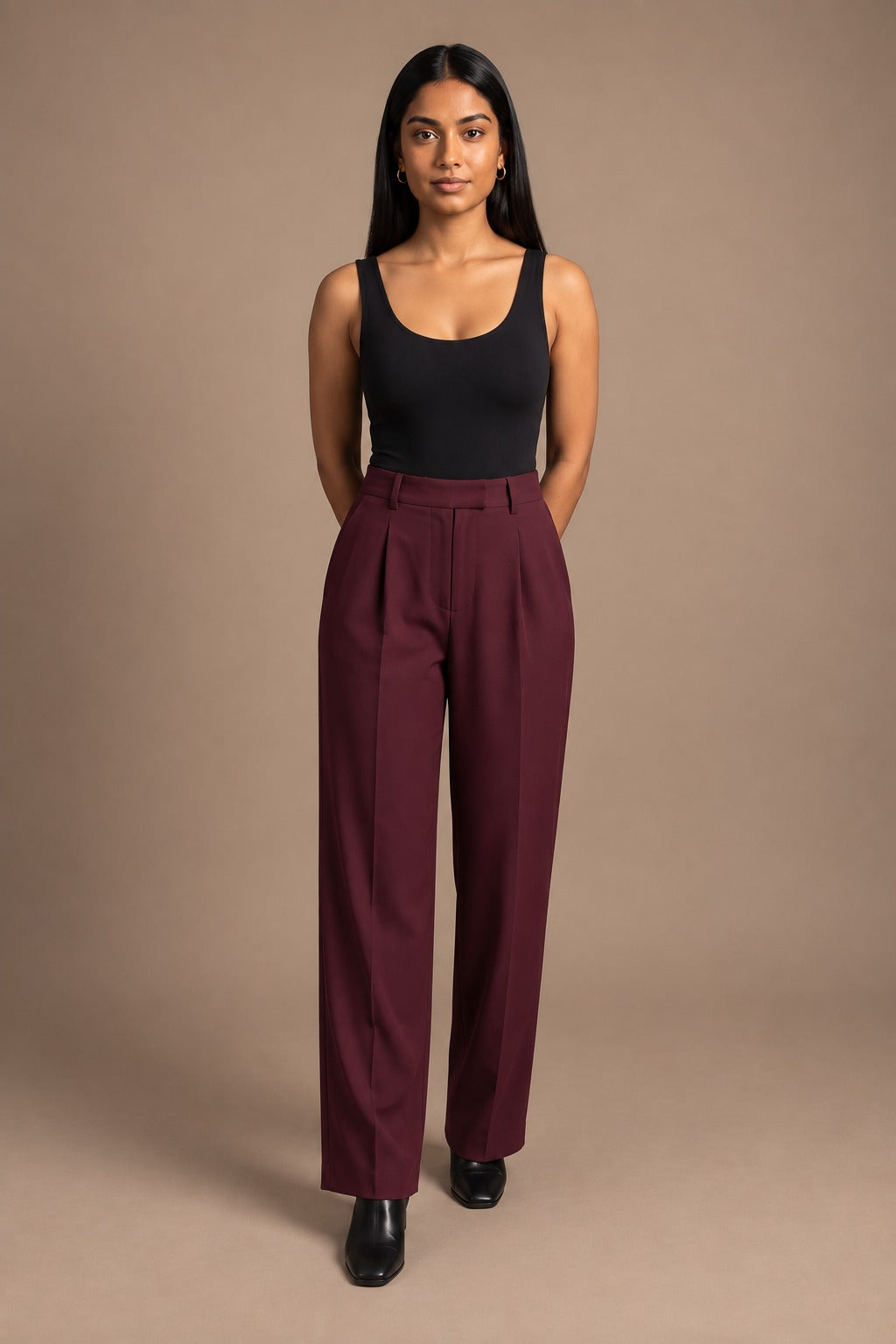 Kovelle straight leg suit trousers in burgundy, front view on model