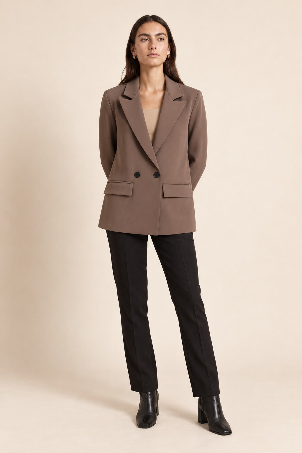 Kovelle double-breasted blazer in chocolate, front view on model