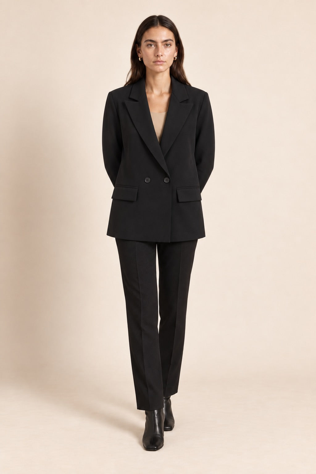 Kovelle double-breasted blazer in black, front view on model