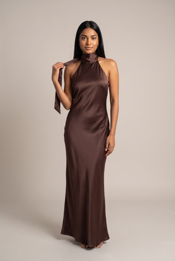 Kovelle chocolate satin scarf halter maxi dress in chocolate, close-up detail on model