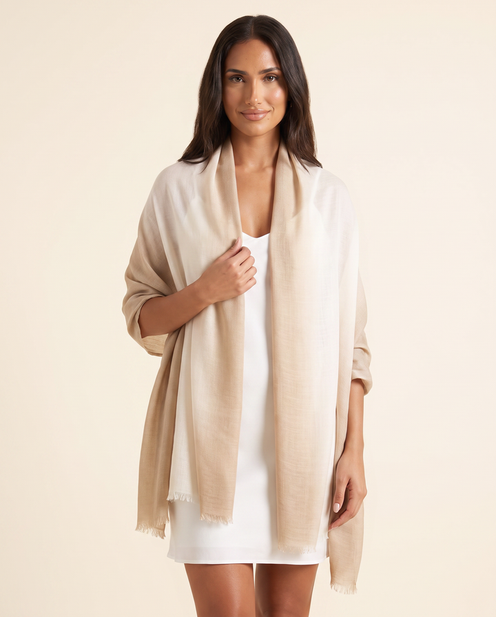 Model wearing the dip-dye pashmina over a white slip dress
