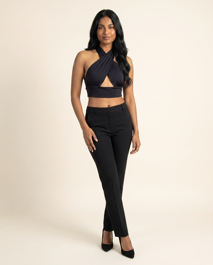 Kovelle black cut out halter top three quarter view, on model