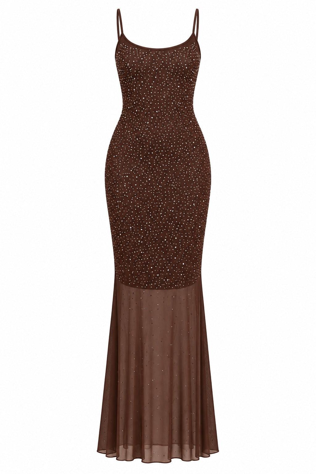 Chocolate beaded mesh slip maxi dress, product view