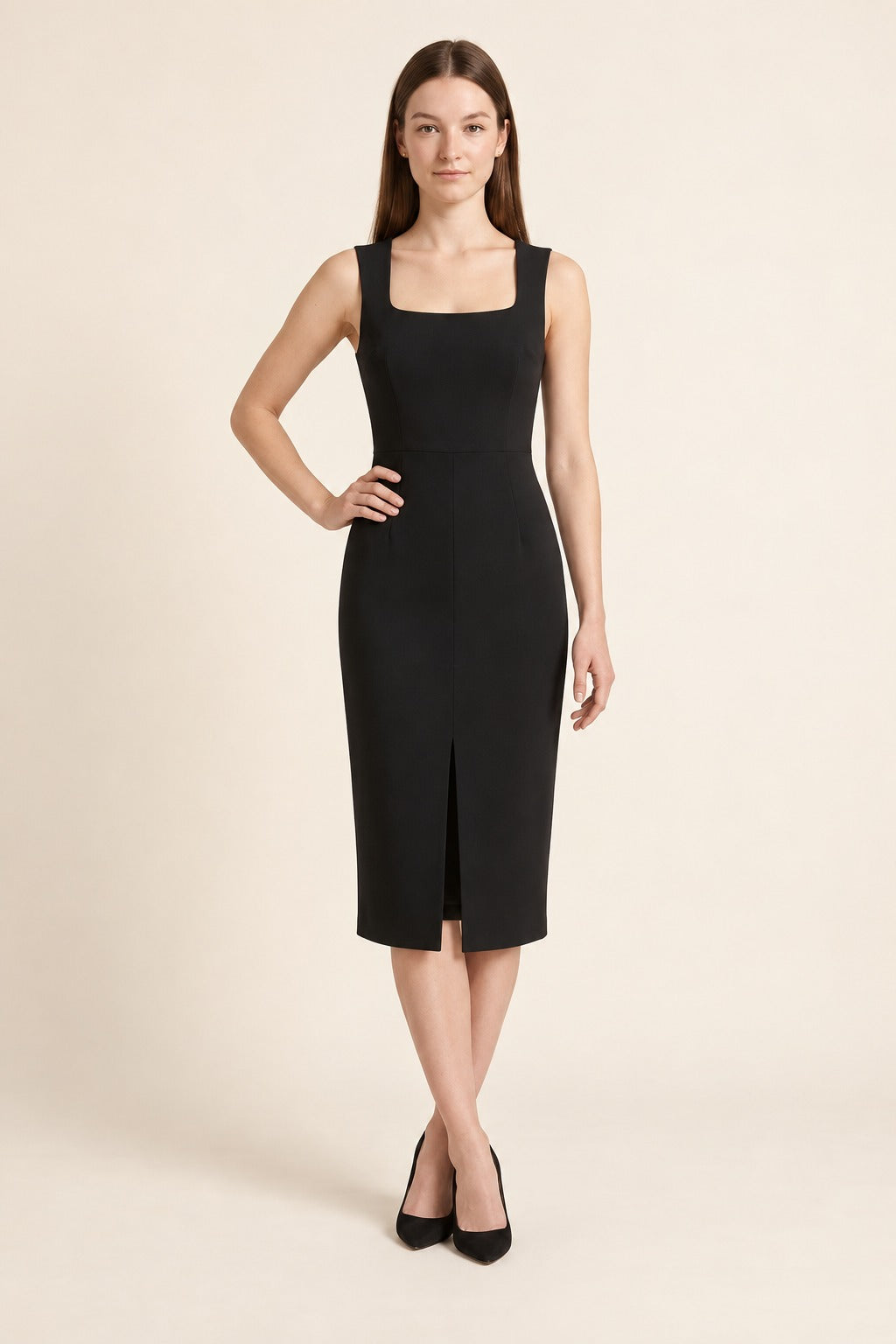 Black square neck slit midi dress