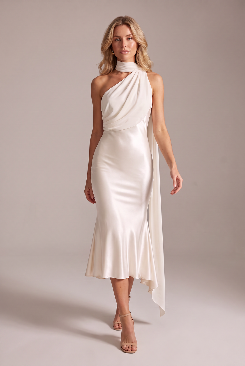 Kovelle pearl scarf detail midaxi dress in pearl, walking, full length on model