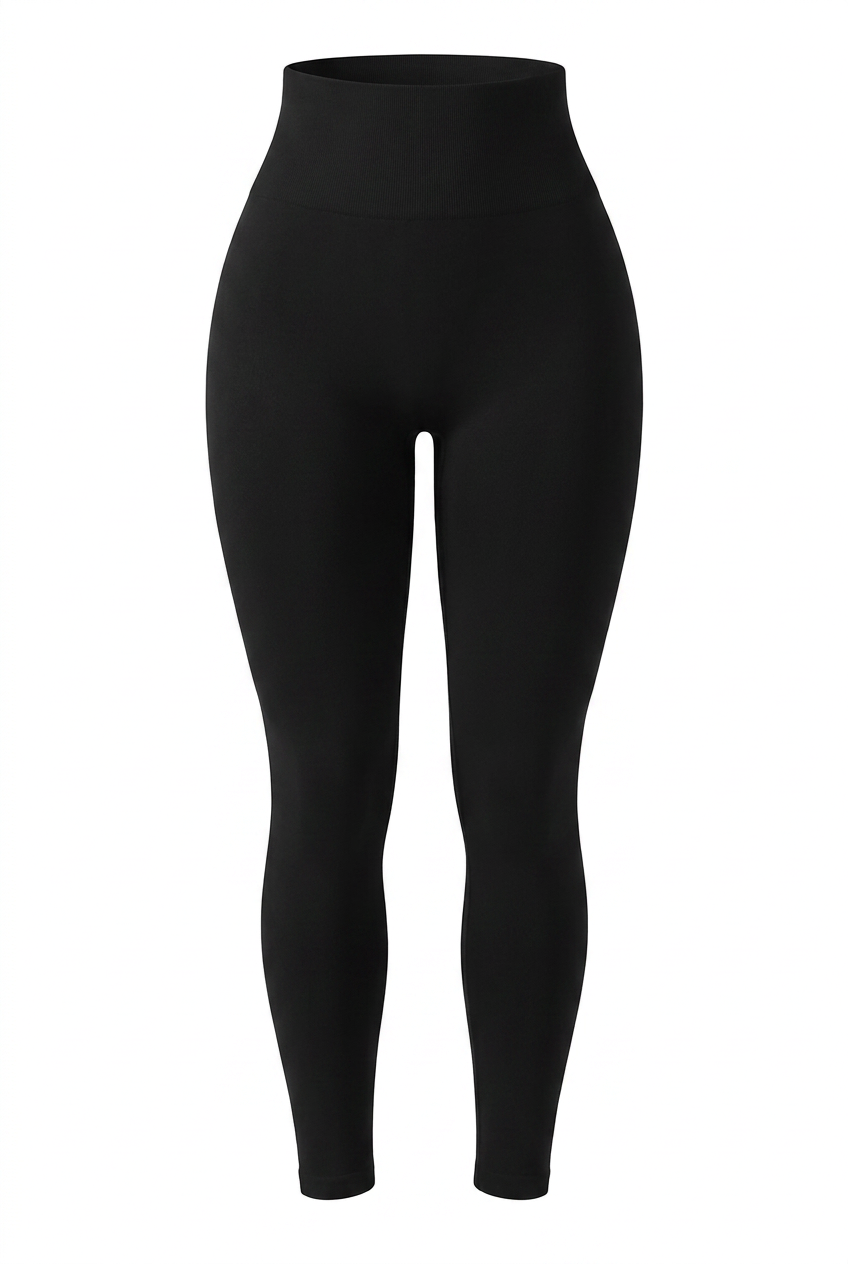 Kovelle sculpt seamless leggings in black, front flat product view showing the wide high waistband