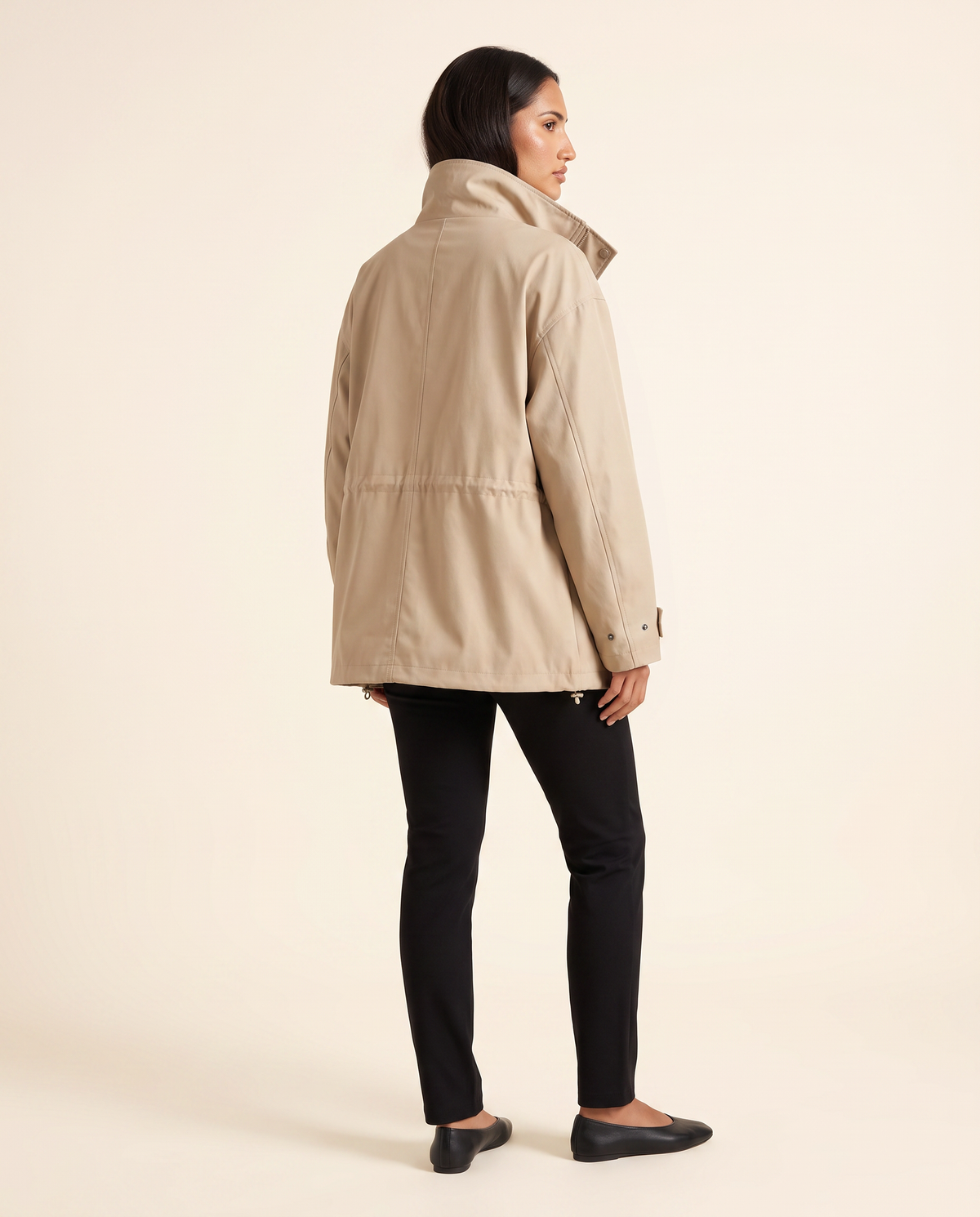 Kovelle stand collar windbreaker jacket back view, on model