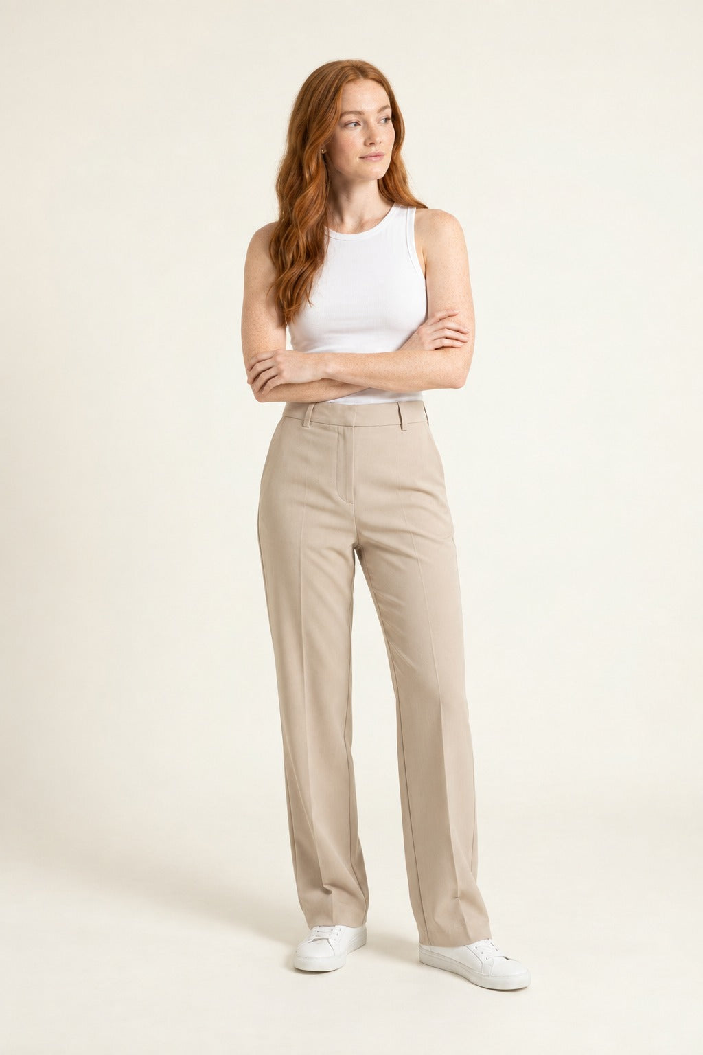 Kovelle tailored high-waist straight-leg trousers in stone, back view on model