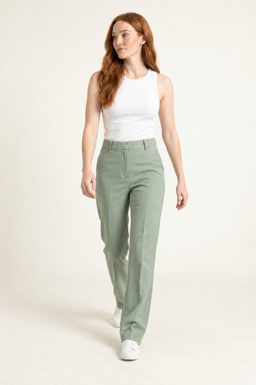 Kovelle tailored high-waist straight-leg trousers in sage, full length on model