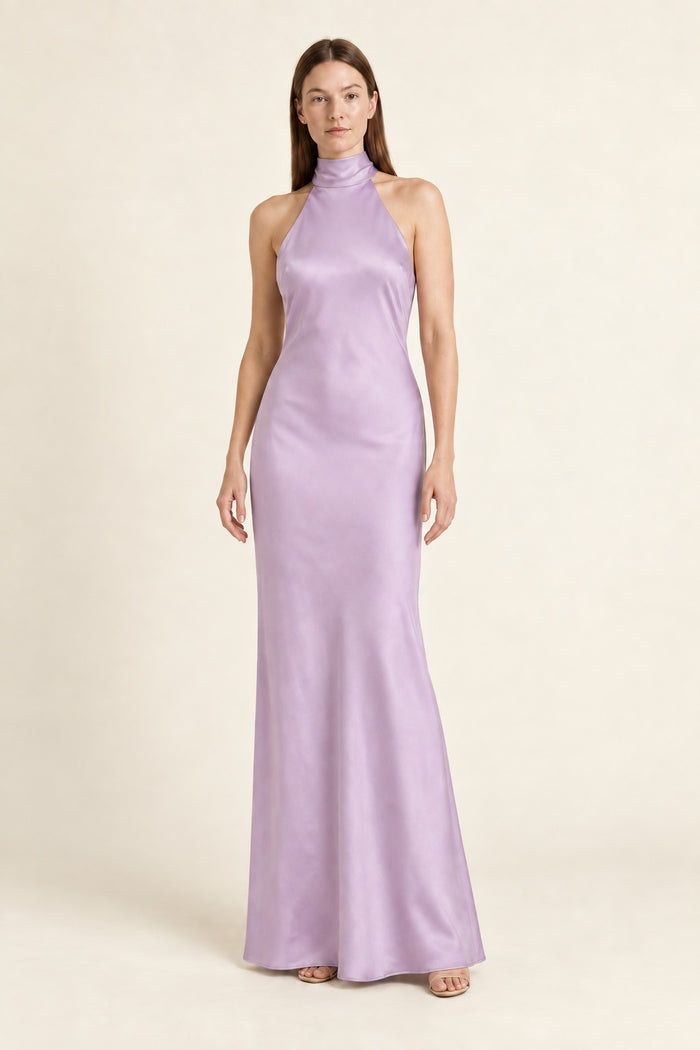 Tieback satin halter maxi lilac