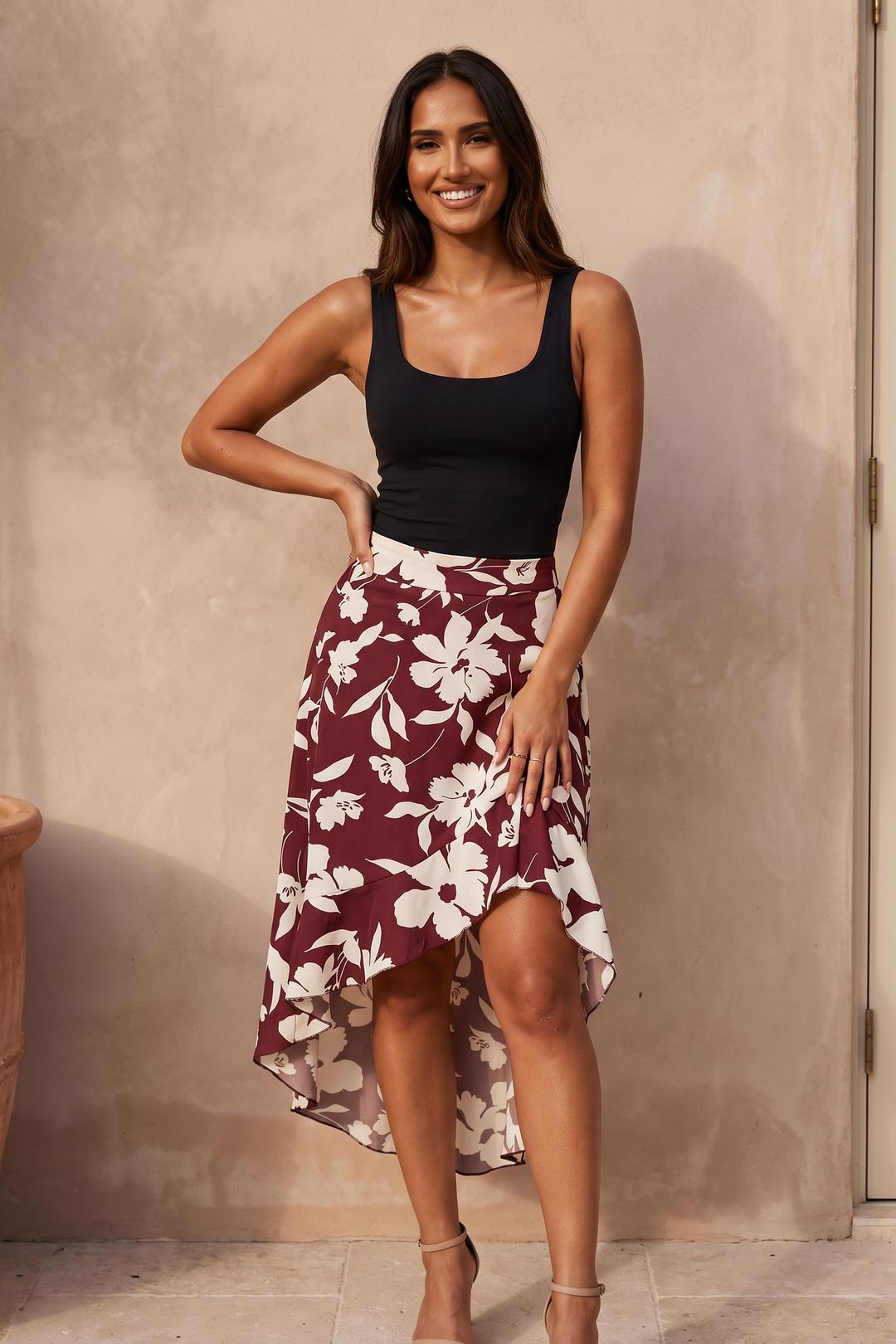 Burgundy floral asymmetric ruffle midi skirt