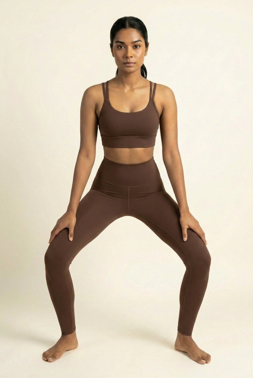 Kovelle cross back leggings set in chocolate, scoop bra and high waist leggings, squat pose, on model