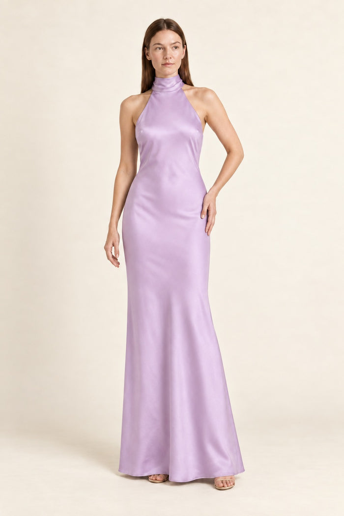 Kovelle tie-back satin halter maxi dress in lilac, full length on model