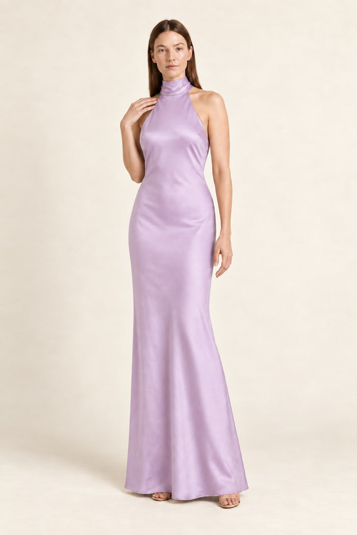Kovelle tie-back satin halter maxi dress in lilac, three-quarter view on model