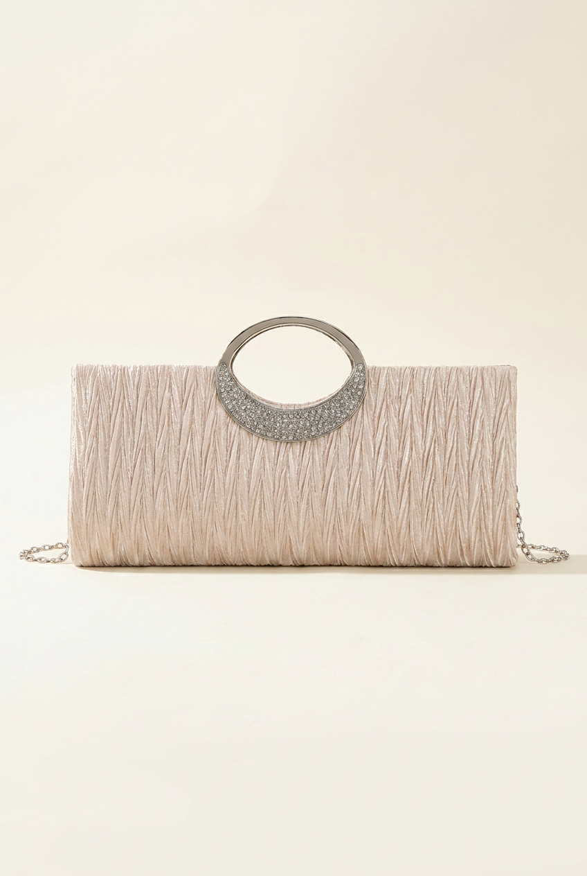 Champagne pleated satin box clutch with a crystal ring handle, front