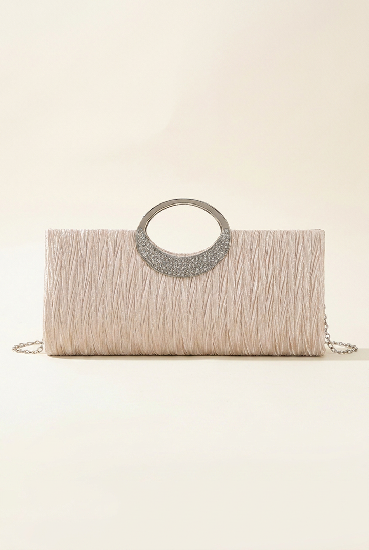 Champagne pleated satin box clutch with a crystal ring handle, front