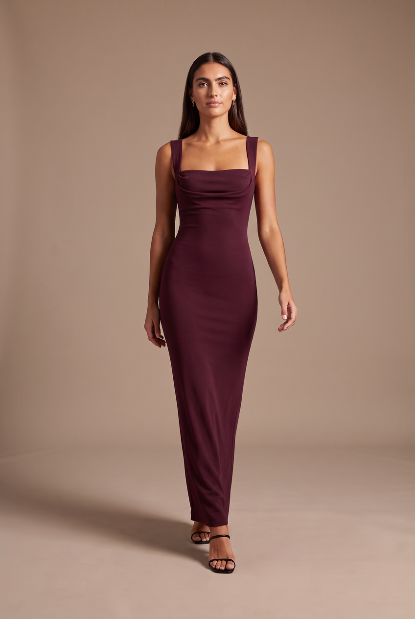 Kovelle burgundy square neck bodycon maxi dress in burgundy, walking, full length on model