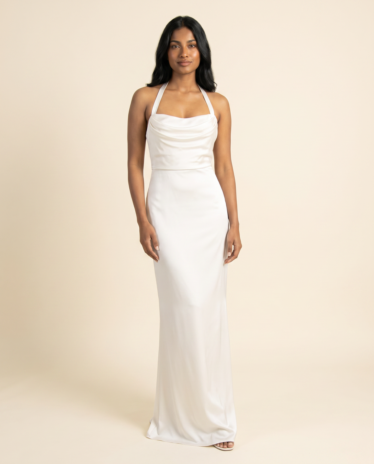 Kovelle ivory satin gown with ribbon halter straps, front studio view on model