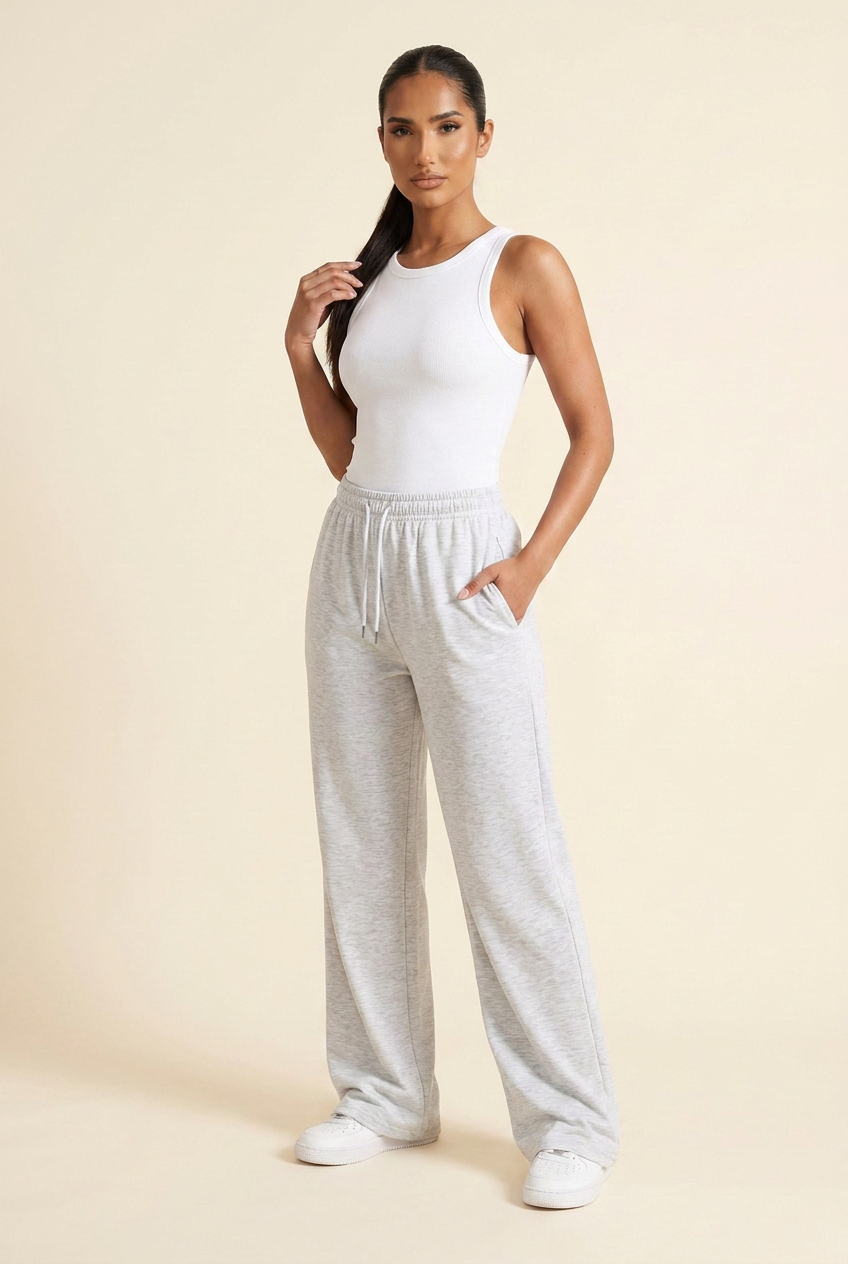 Kovelle wide leg joggers in light grey marl, hand in pocket, on model
