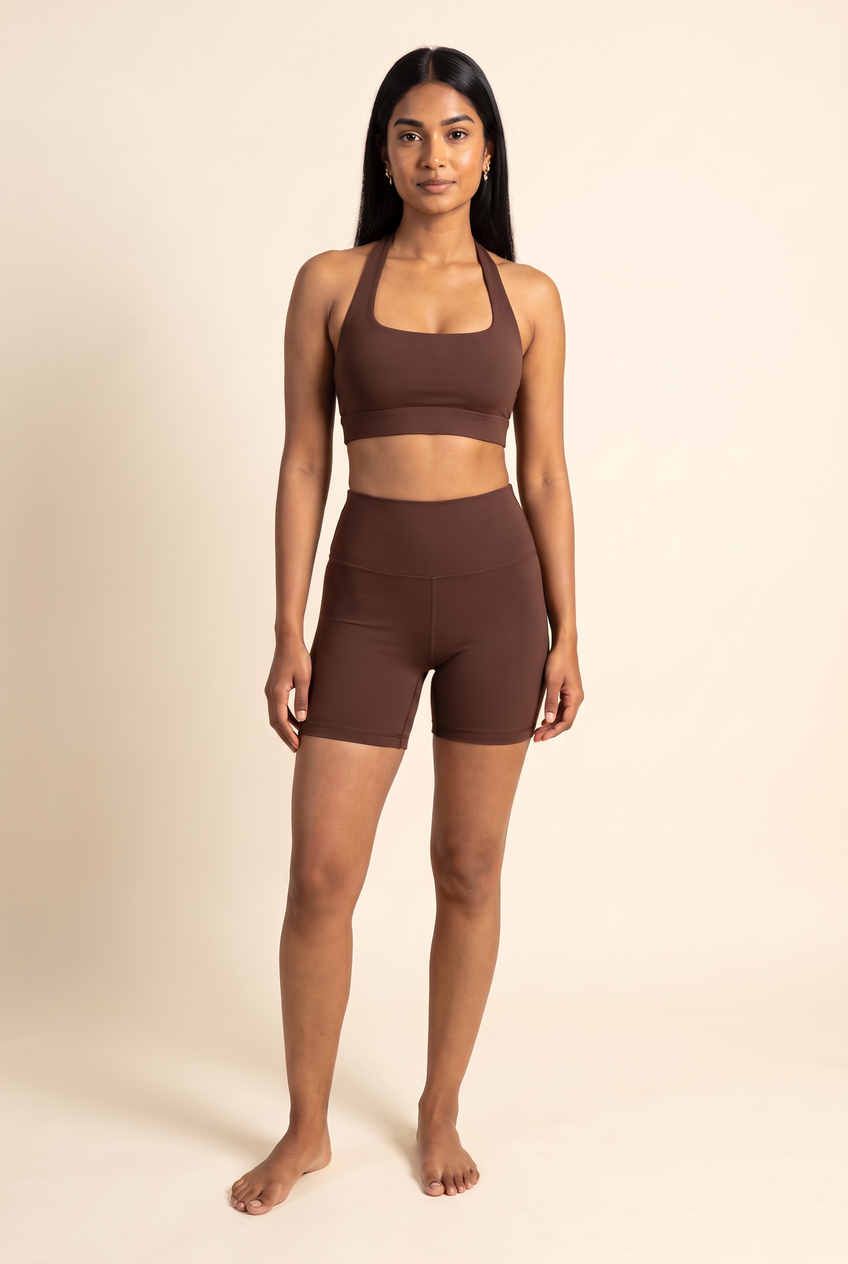 Kovelle seamless halter gym set in chocolate, front view on model