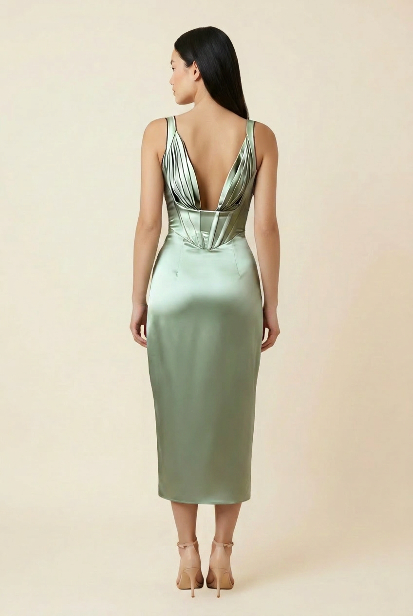 Kovelle draped satin corset midi dress in khaki sage, back view with corset-seamed bodice on model